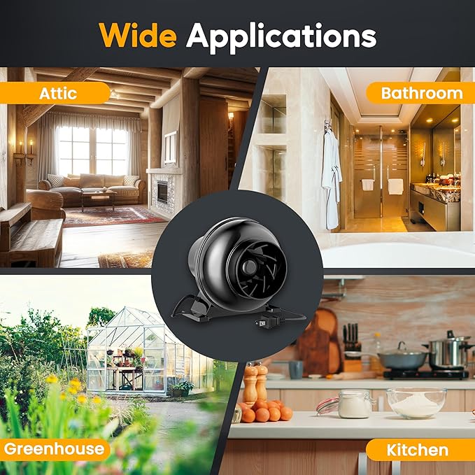 HealSmart 4 Inch Inline Duct Fan, 195 CFM Ventilation Fan, Exhaust HVAC Vent Blower for Hydroponics, Grow Tents, Basements, Attics, 1 Pack, Black - Image 4