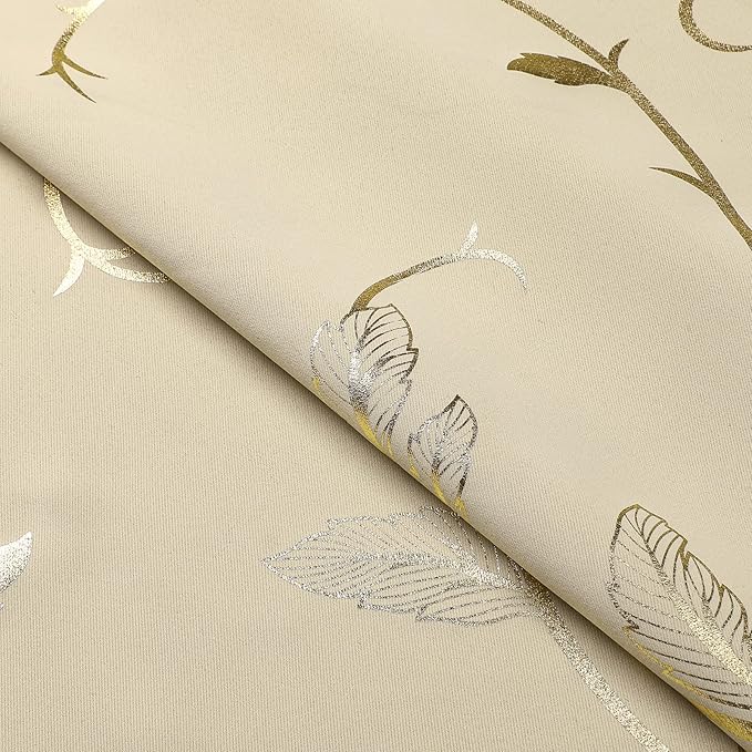 BUHUA Blackout Curtains Gold Foil Print Flower Vine Grommet Drapes, Room Darkening Thermal Insulated Curtains, Noise Reducing Curtain for Bedroom, Beige, 38Wx96L, 2 Panels - Image 5