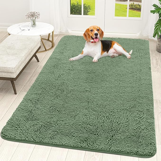 OLANLY Dog Door Mat for Muddy Paws 59x35, Absorbs Moisture and Dirt, Absorbent Non-Slip Washable Doormat, Quick Dry Chenille Mud Mat, Entry Indoor Entryway Carpet for Inside Floor, Olive Green by OLANLY