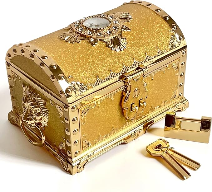Retro Jewelry Box Arched Vintage Rectangular Metal Chest Necklace Ring Earrings Storage Case for Women Girls (Golden Starlight Yellow, L Lock) by Unknown