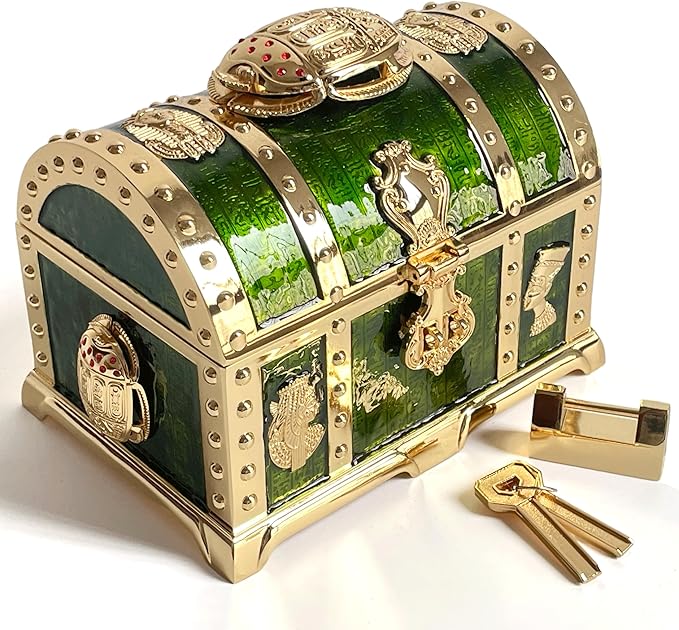 Retro Jewelry Box Arched Vintage Rectangular Metal Chest Necklace Ring Earrings Storage Case for Women Girls (Golden Transparent Green, L Lock) by Unknown