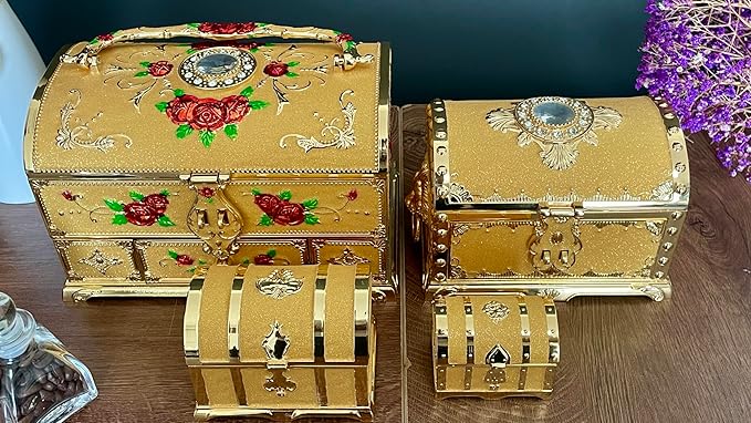 Retro Jewelry Box Arched Vintage Rectangular Metal Chest Necklace Ring Earrings Storage Case for Women Girls (Golden Starlight Yellow, XL Lock) - Image 6