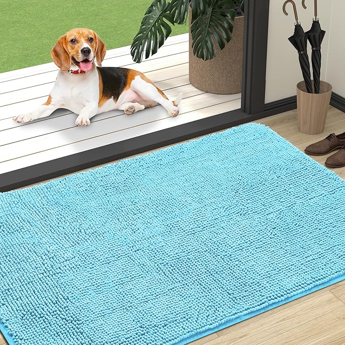 OLANLY Dog Door Mat for Muddy Paws 47x32, Absorbs Moisture and Dirt, Absorbent Non-Slip Washable Doormat, Quick Dry Chenille Mud Mat for Dogs, Entry Indoor Entryway Carpet for Inside Floor, Blue by OLANLY