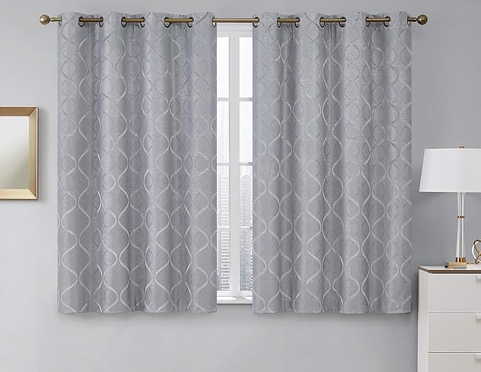 HLC.ME Versailles Lattice Flocked 100% Complete Blackout Thermal Insulated Window Curtain Grommet Panels - Energy Savings & Soundproof, For Living Room & Bedroom, Set of 2 (50 x 63 inches, Light Grey) - Image 2