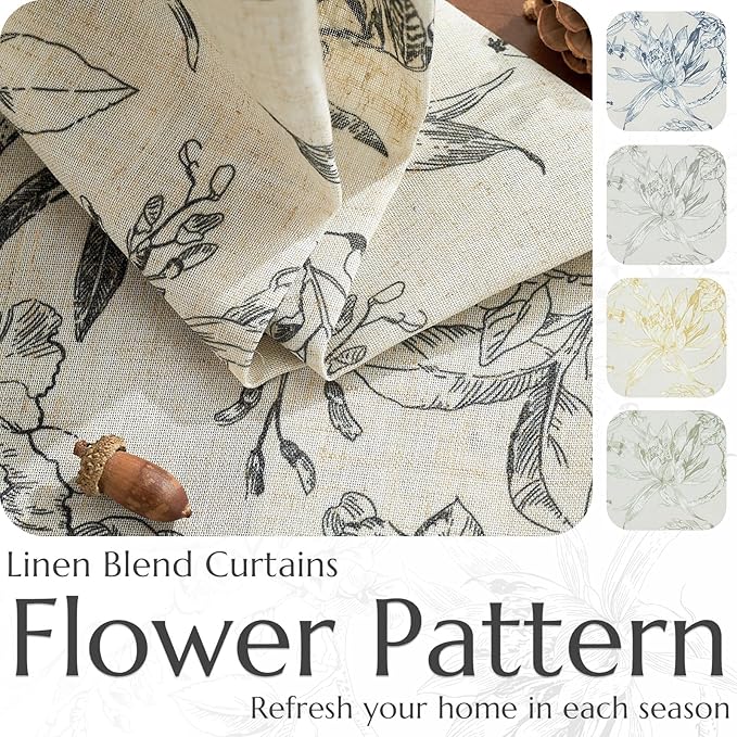 jinchan Floral Curtains 108 Inch Length Black Flower Linen Farmhouse Curtain for Living Room French Country Vintage Curtain Rod Pocket Curtains Set 2 Panels Balck Floral Printed - Image 6