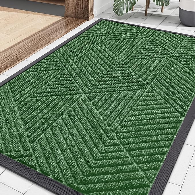 Smiry Front Door Mat Outside Entrance, Heavy Duty Sturdy Natural Rubber Doormat, Trap Dirt and Moisture, Easy Clean Low Profile Mats for Indoor Outdoor Entry, Irregular Triangle (29.5x17, Green) by Smiry