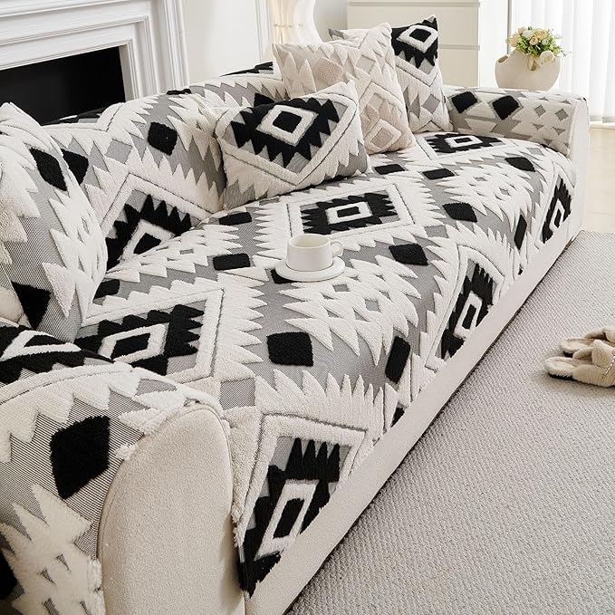 Boho Plush Couch Covers for Sofa Washable, Fuzzy Soft Couch Cover for Sectional Sofa, Non Slip Jacquard Sofa Cover Furniture Protector for Kids, Pets (Black,28"x59") - Image 6