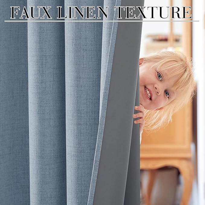 RYB HOME Linen Texture Curtains for Bedroom, 100% Blackout Thermal Insulated Curtains, Rod Pocket&Back Tab Room Darkening Drapes Luxury Decor for Living Room Nursery, W52xL90g, 2 Panels, Smoky Blue - Image 7
