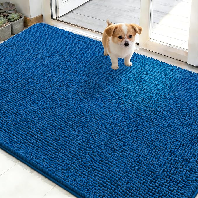 OLANLY Dog Door Mat for Muddy Paws 48x30, Absorbs Moisture and Dirt, Absorbent Non-Slip Washable Doormat, Quick Dry Chenille Mud Mat, Entry Indoor Entryway Carpet for Inside Floor, Deep Navy Blue by OLANLY