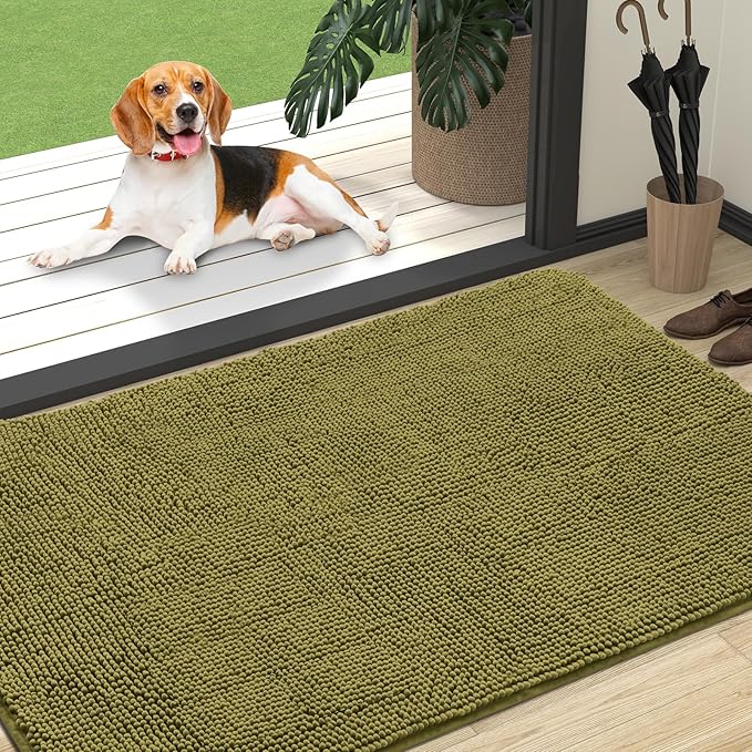 OLANLY Dog Door Mat for Muddy Paws 47x32, Absorbs Moisture and Dirt, Absorbent Non-Slip Washable Doormat, Quick Dry Chenille Mud Mat, Entry Indoor Entryway Carpet for Inside Floor, Willow Green by OLANLY