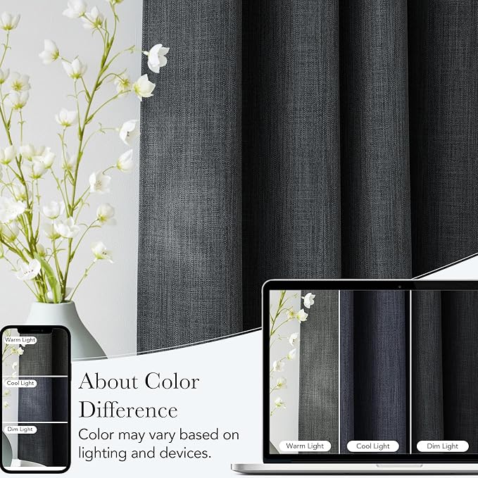 NICETOWN Charcoal Gray Faux Linen Room Darkening Rod Pocket Curtains 63 inch Length, W42 x L63, Light Blocking Thermal Insulated Noise Reducing Drapes for Bedroom Living Room Farmhouse Decor, 2 Panels - Image 5
