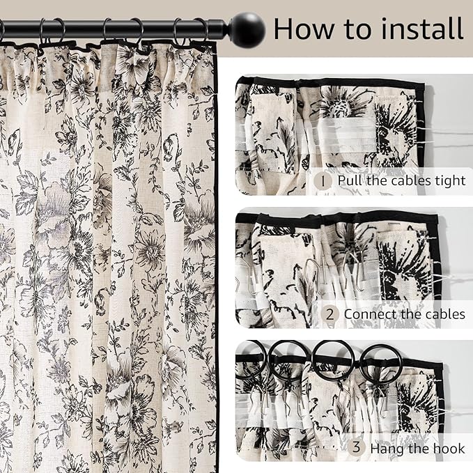 JINCHAN Linen Blend Floral Curtains French Country Curtain for Living Room 90 Inch Length Black Printed Curtain Rod Pocket Back Tab Farmhouse Peony Flower Patterned Drapes Window Curtains Set 2 Panels - Image 5