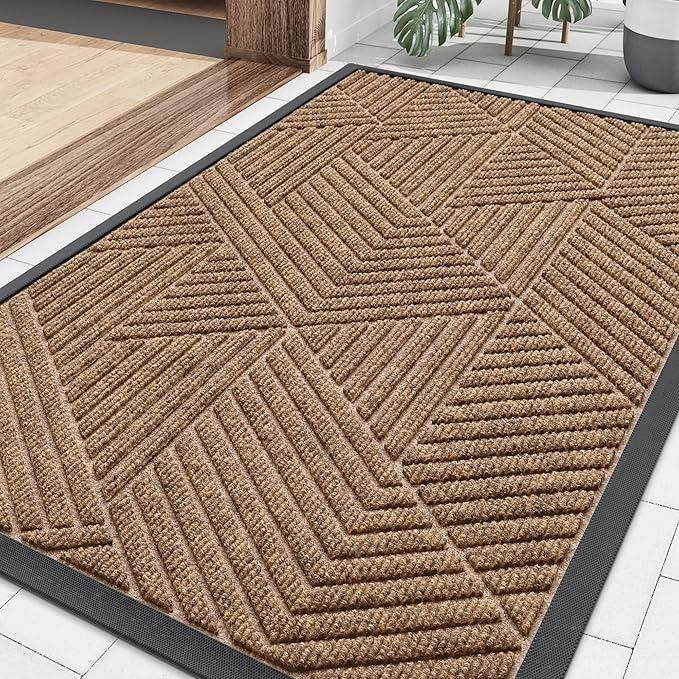 Smiry Front Door Mat Outside Entrance, Heavy Duty Sturdy Natural Rubber Doormat, Trap Dirt and Moisture, Easy Clean Low Profile Mats for Indoor Outdoor Entry, Irregular Triangle (29.5x17, Light Brown) by Smiry