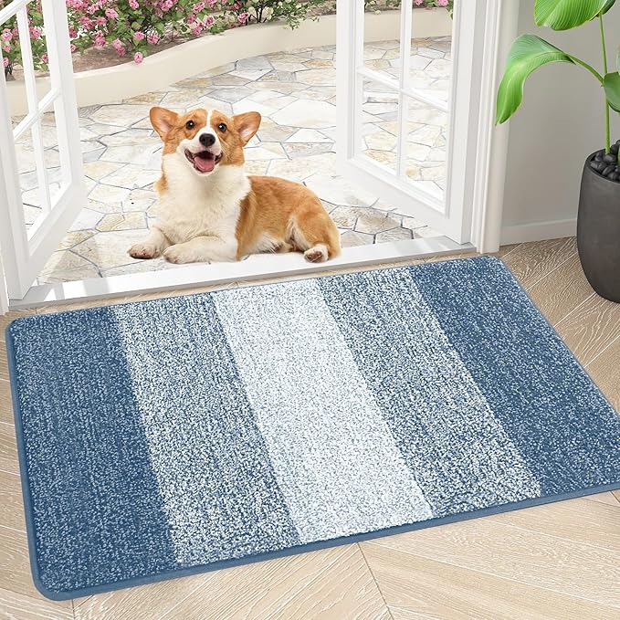 Smiry Dog Door Mat for Muddy Paws, Absorbs Moisture and Dirt, Low-Profile Entryway Mat with Non-Slip Backing, Entry Indoor Outdoor Doormat for Inside Floor (30x17 Inches, Light Blue, Striped) by Smiry