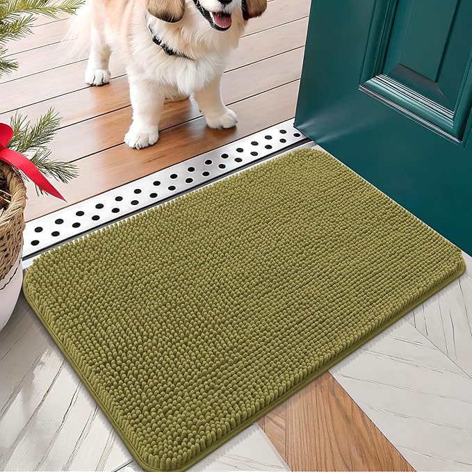 OLANLY Dog Door Mat for Muddy Paws 24x16, Absorbs Moisture and Dirt, Absorbent Non-Slip Washable Doormat, Quick Dry Chenille Mud Mat, Entry Indoor Entryway Carpet for Inside Floor, Willow Green by OLANLY