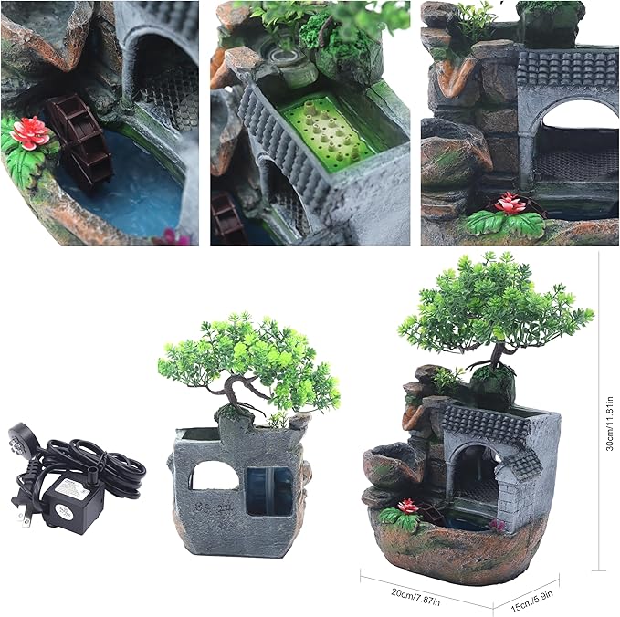 11" Desktop Fountain Rock Waterfall Humidifier with Artificial Tree &LED Light, Tabletop Water Fountains Indoor Fake Plant Bonsai Tree Feng Shui Decoration for Aquariums Office Bedroom Home Décor - Image 3