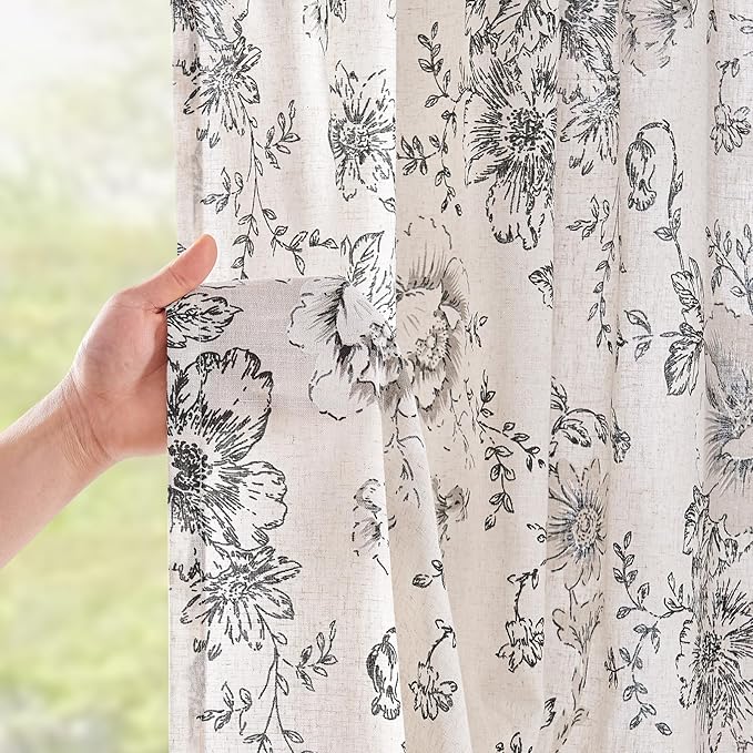jinchan Linen Blend Curtain Floral Curtains for Living Room 96 Inch Length Black Printed Curtain Rod Pocket Back Tab Farmhouse Peony Flower Patterned Drapes Bedroom Window Curtains Set 2 Panels - Image 3