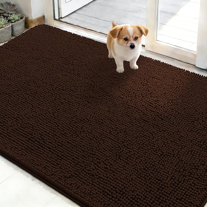 OLANLY Dog Door Mat for Muddy Paws 48x30, Absorbs Moisture and Dirt, Absorbent Non-Slip Washable Doormat, Quick Dry Chenille Mud Mat for Dogs, Entry Indoor Entryway Carpet for Inside Floor, Brown by OLANLY