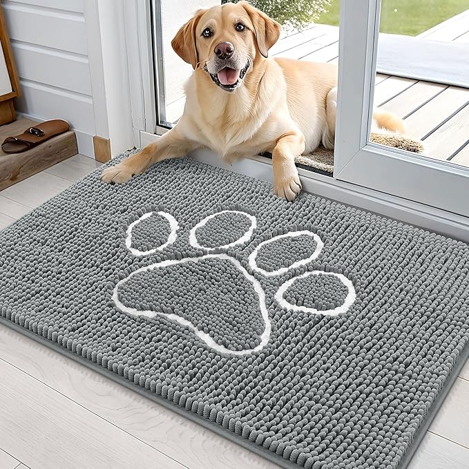 OLANLY Dog Door Mat for Muddy Paws 36x24, Paw Print Design, Absorbs Moisture and Dirt, Absorbent Non-Slip Washable Doormat, Quick Dry Chenille Mud Mat, Entry Indoor Entryway Carpet, Grey and White by OLANLY