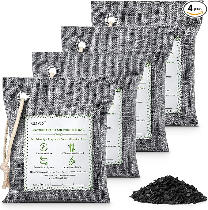 CLEVAST Bamboo Charcoal Air Purifying Bags - (Large, 4×200g), Removes Odors and Moisture, Nature Fresh Air Purifier Bags, Odor Eliminator for Home, Car, Pets, Bathroom, Basement by CLEVAST