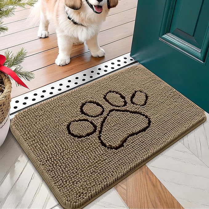 OLANLY Dog Door Mat for Muddy Paws 24x16, Paw Print Design, Absorbs Moisture and Dirt, Absorbent Non-Slip Washable Doormat, Quick Dry Chenille Mud Mat for Dogs, Entry Indoor Entryway Carpet, Tan by OLANLY