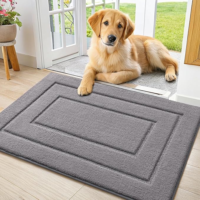 Smiry Dog Door Mat for Muddy Paws, Absorbs Moisture and Dirt, Low-Profile Entryway Mat with Non-Slip Backing, Entry Indoor Outdoor Doormat for Inside Floor (30x20 Inches, Grey, Bordered) by Smiry