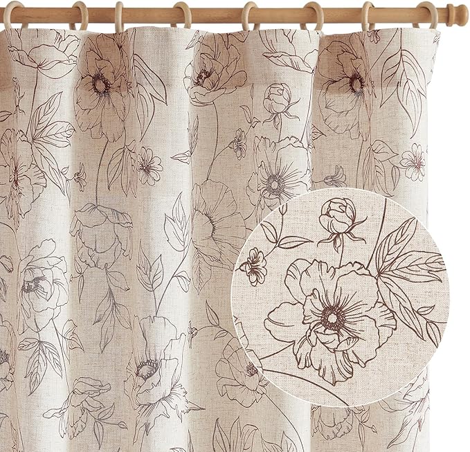 jinchan Floral Linen Curtains for Living Room 84 Inch Length Brown Flower Curtain Rod Pocket Back Tab Farmhouse Curtains with Printed Floral Bedroom Window Curtain Set, 2 Panels Brown - Image 8