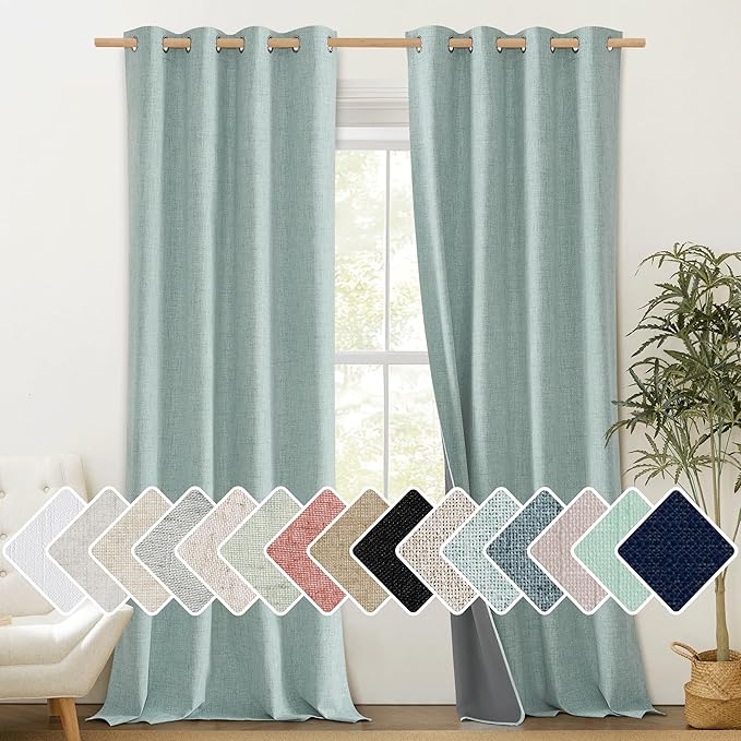 NICETOWN 100% Absolutely Blackout Linen Curtains with Thermal Insulated Grey Liner, Seafoam Green, 52" Wide, 108" Length Energy Saving Curtains for Living Room 2 Panels Set, Vertical Blinds by NICETOWN
