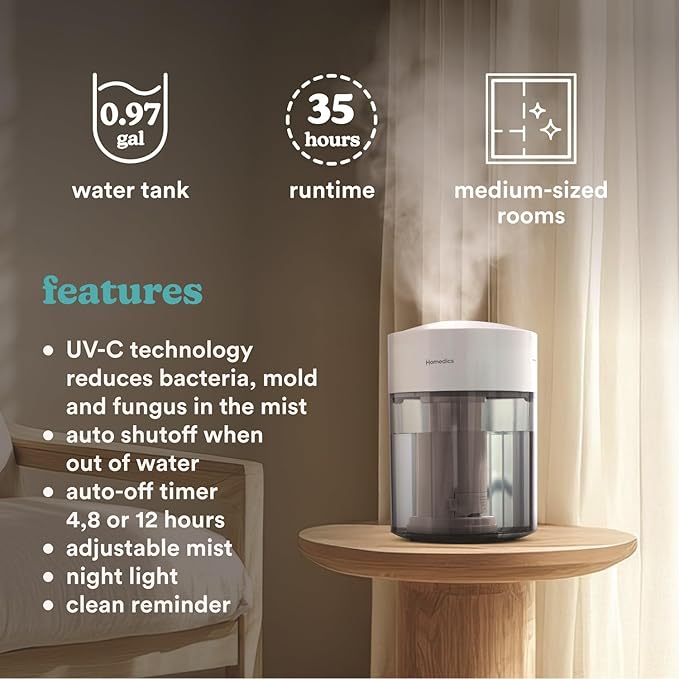 HoMedics Humidifiers for Bedroom, Home, Nursery, Office and Plants. Total Comfort UV-C Ultrasonic Humidifier, Leak Resistant Design, 0.97 Gallon Tank, 35 Hour Run Time, Quiet, Cool Mist, Night Light - Image 5