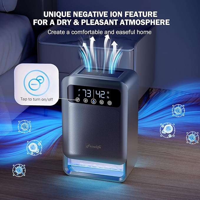 Frizzlife Air Dehumidifier, 135oz Water Tank W/Purifying Function, Quiet Small Dehumidifiers With Sleep Mode For Home, Bedroom, Bathroom, Basement W/Auto Shut Off, 7 Colors LED Light, Gray - Image 4