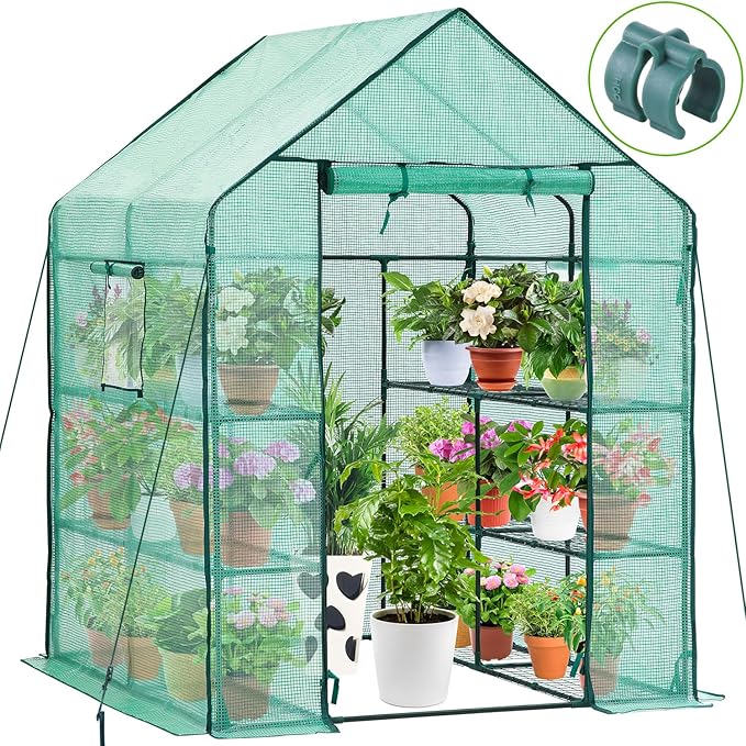 Ohuhu Greenhouse for Outdoors with Screen Windows, 57 x 57 x 76'' Walk in Plant Greenhouses Heavy Duty with Durable PE Cover, 3 Tiers 12 Shelves Stands Plastic Portable Green House with Shelf Clips by Ohuhu
