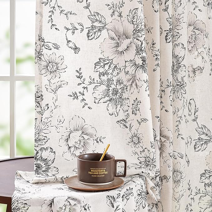 jinchan Linen Blend Curtain Floral Curtains for Living Room 90 Inch Length Black Printed Curtain Rod Pocket Back Tab Farmhouse Peony Flower Patterned Drapes Bedroom Window Curtains Set 2 Panels - Image 5