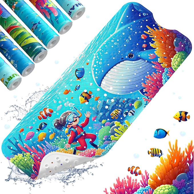 XIYUNTE Baby Bath Mat for Tub Non Slip Kids Bath Mat - 40''x16'' Extra Long Cartoon Bathtub Mat Non Slip Kids Shower Mat Eco-Friendly Toddler Bath Mats with Suction Cups, Machine Washable by XIYUNTE