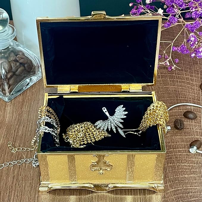 Retro Jewelry Box Arched Vintage Rectangular Metal Chest Necklace Ring Earrings Storage Case for Women Girls (Golden Starlight Yellow, M) - Image 2