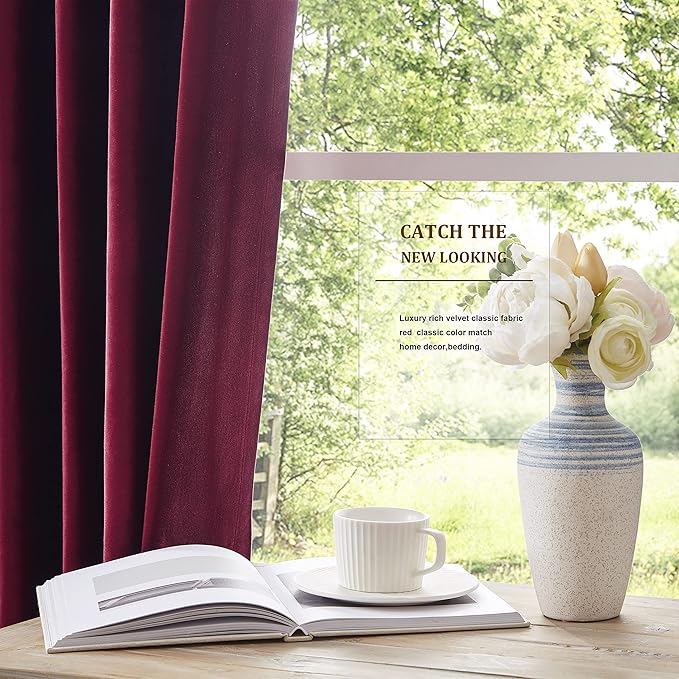 Christmas Burgundy Decorative Velvet Curtains 90 inches Luxury Living Room Curtain Blackout Modern Thermal Insulated Soundproof Privacy Room Darkening Floor to Ceiling Drapes for Bedroom Set of 2 - Image 4