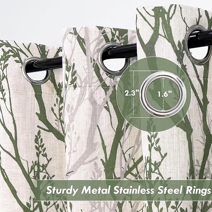 DriftAway Linen Printed Blackout Curtains Tree Branch Pattern Double Layer 96 Inches Long for Bedroom Thermal Insulated Summer Sound Lined Grommet Drapes for Living Room 2 Panels Loden Green/Linen - Image 4