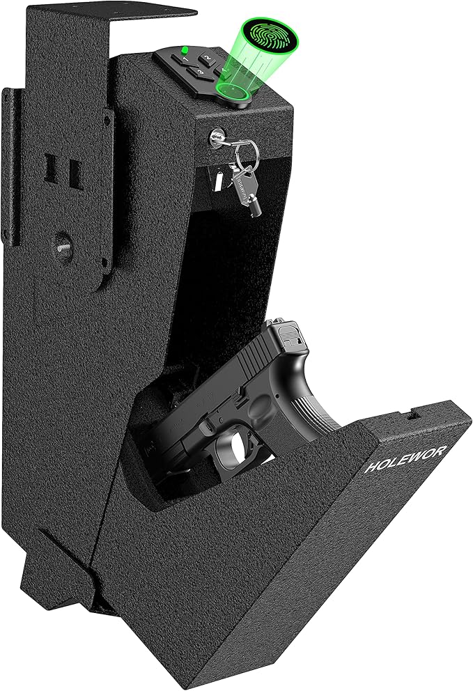 Gun Safe, Biometric Gun Safe for Handgun Drop Down Pistol Safe Mounted Single Handgun Safe with Fingerprint, Passcode, Key Access for Nightstand, Desk, Bedside by HOLEWOR