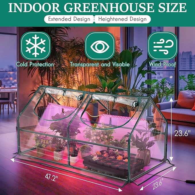 Meonum Mini Greenhouse with Grow Light, 47.2" L x 23.6" L x 23.6" W Portable Greenhouses Waterproof UV-Resistant for Indoor/Outdoor Seed Starting (House Shape) - Image 2