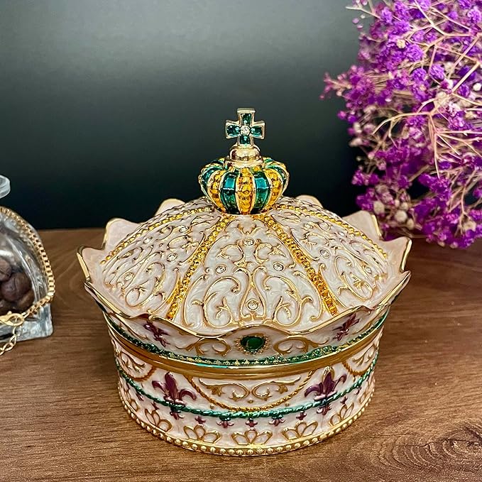 Crown Shape Jewelry Chest,Yurt Style Vintage Metal Gem Box,Round Alloy Retro Patterned Storage Case (Golden White, L) - Image 2