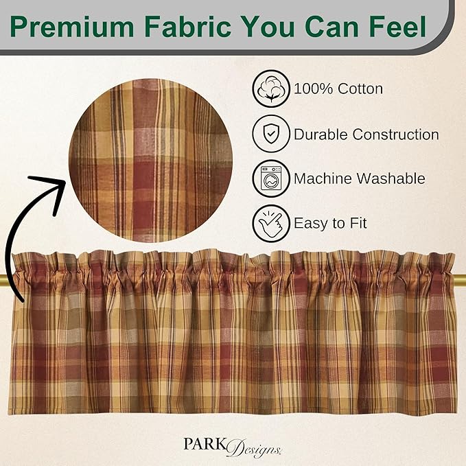 Park Designs Farmhouse Kitchen Valances for Windows - Red Saffron | Fall Decor Window Valance Curtains | Plaid Curtain Valances for Windows | Ideal for BOHO Living Rooms & Bathrooms | 72" x 14" - Image 2