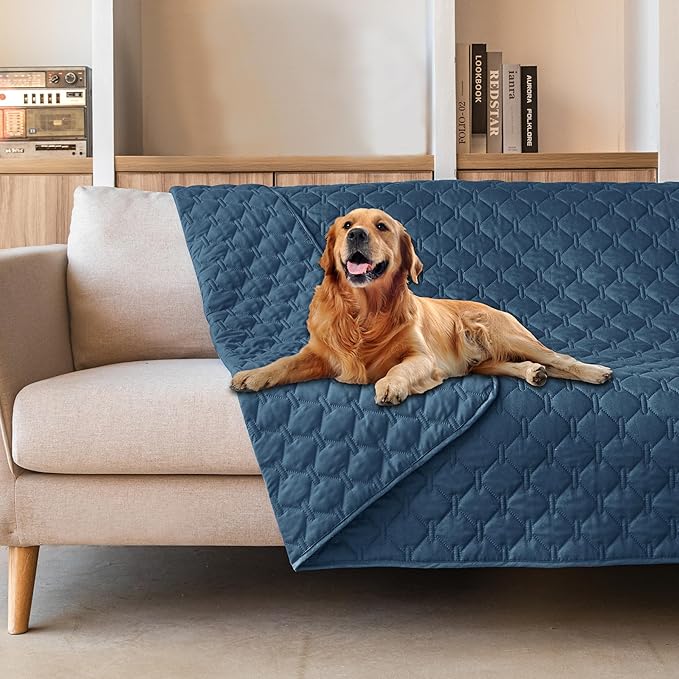 gogobunny 3X Stronger Waterproof Pet Blanket, Scratch Proof Furniture Protector for Dogs Cats, Reversible Cover 82x82 Inch, Dark Blue by gogobunny