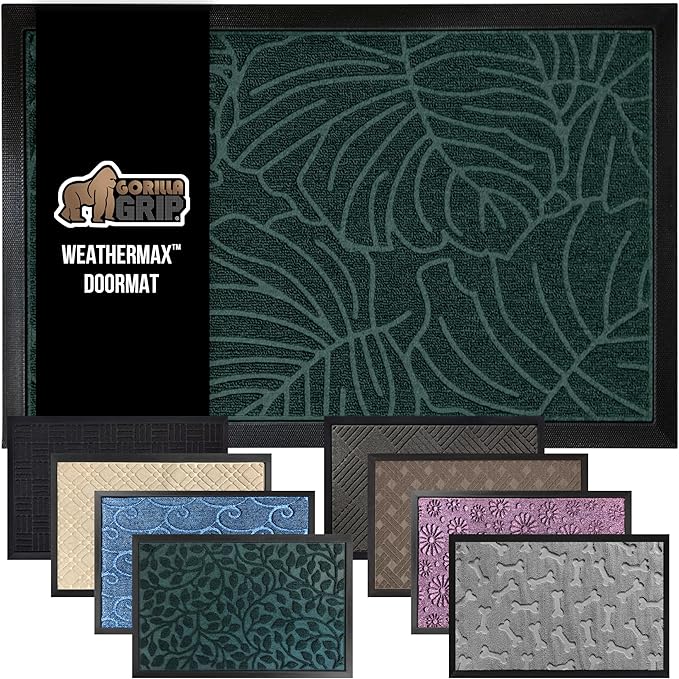GORILLA GRIP 100% Waterproof All-Season WeatherMax Doormat, 72x24, US Designed Natural Rubber, Stain and Fade Resistant, Low Profile Indoor Outdoor Door Mats, Easy Clean Patio Mat, Green Palm by GorillaGrip