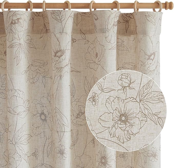 jinchan Floral Linen Curtains for Living Room 63 Inch Length Taupe Flower Curtain Rod Pocket Back Tab Farmhouse Curtains with Printed Floral Bedroom Window Curtain Set, 2 Panels Taupe - Image 9