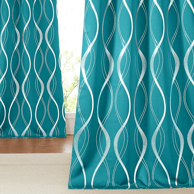 NICETOWN Room Darkening Curtains for Bedroom, Peacock Teal, 2 Panels, 52 x 84 inch, Noise Reducing Thermal Insulated Wave Line Foil Print Design Blackout Curtains for Storage Office Work Area by NICETOWN