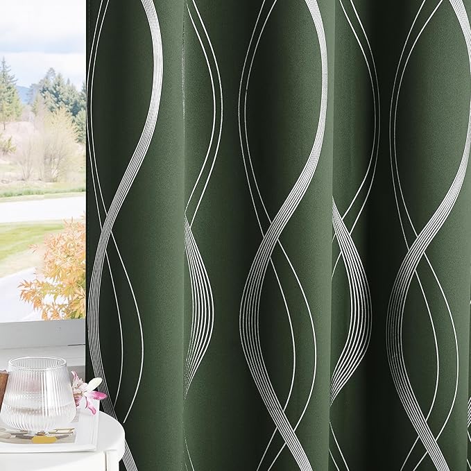 NICETOWN 100% Blackout Curtains 63 inch Length 2 Panels, Dark Mallard, 52" x 63", Noise Reducing Thermal Insulated Wave Line Foil Print Design Blackout Curtains for Hall Closet Villa Door - Image 6