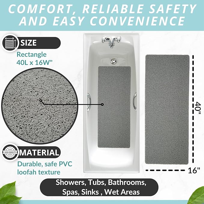 Non Slip Bathtub Mat Shower Mat for Tub - Loofah Bath Mats for Bathroom - 40x16 Bathtub Floor Mat - Textured Anti Slip Bath Mat Without Suction Cups - Secure Mat for Wet Areas (40x16 Gray) - Image 3