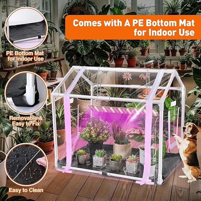 Meonum Mini Greenhouse for Indoor Outdoor, 23.6"L x 15.7"W x 19.6"H Portable Greenhouse with Waterproof Bottom Mat, Timer, 3 Light Color Mode for Indoor Outdoor Seed Starter Tray (Mini House Shape) - Image 3