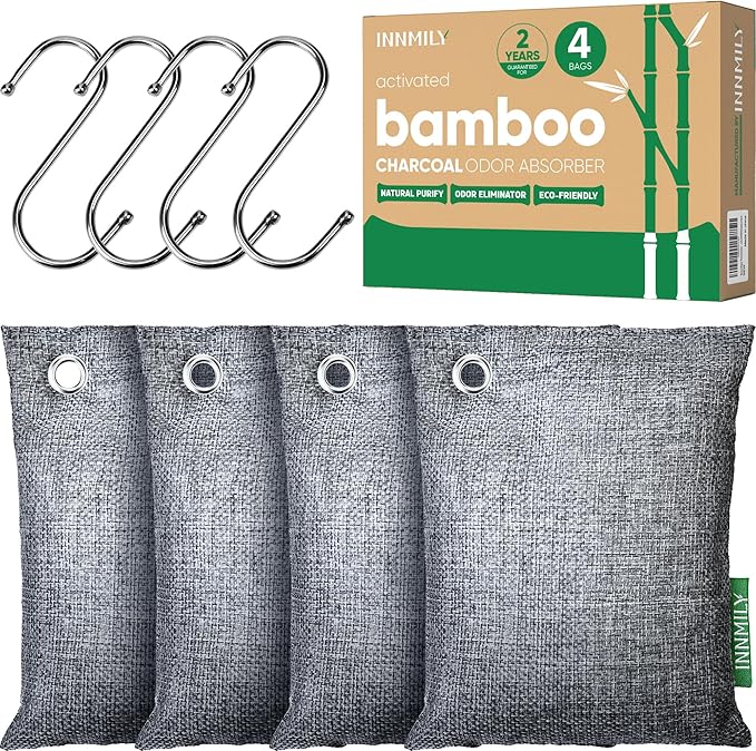 Activated Charcoal Odor Absorber,Large 4x200g w Hooks Nature Odor Eliminator for Strong Odor,Bamboo Charcoal Air Purifying Bags,Moisture Absorbers for Fresh Home Car Closet Pet,Smoke Smell Deodorizer by Innmily