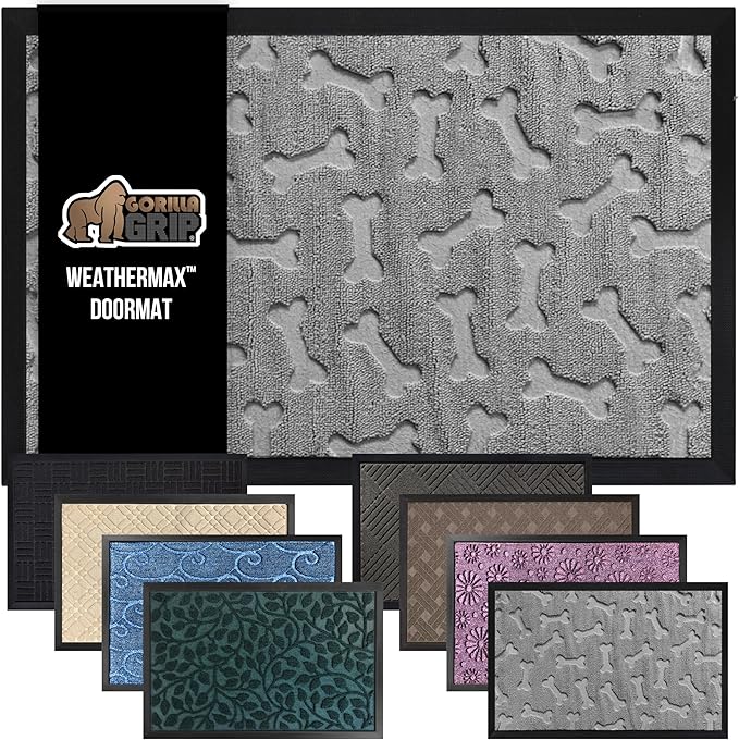 GORILLA GRIP 100% Waterproof All-Season WeatherMax Doormat, 47x35, US Designed Natural Rubber, Stain and Fade Resistant, Low Profile Indoor Outdoor Door Mats, Easy Clean Patio Mat, Light Gray Bones by GorillaGrip