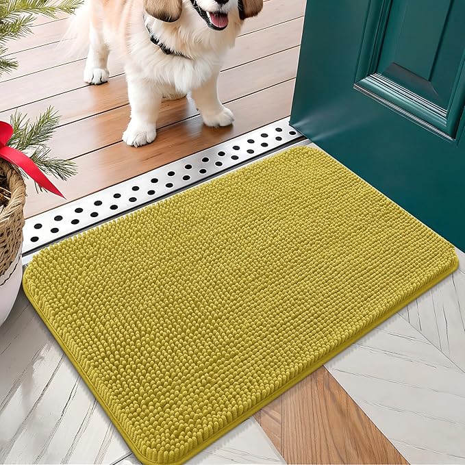 OLANLY Dog Door Mat for Muddy Paws 24x16, Absorbs Moisture and Dirt, Absorbent Non-Slip Washable Doormat, Quick Dry Chenille Mud Mat, Entry Indoor Entryway Carpet for Inside Floor, Mustard Yellow by OLANLY